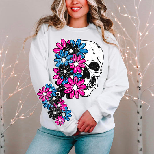 Pink Blue Black Flower Skull Crewneck