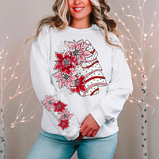 Pink Red Poinsettia Tree Crewneck