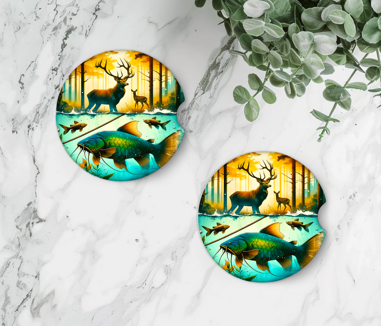 Hunt Camp Fish Car Coasters