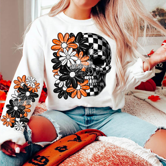 Checkered Skull Orange And Black Crewneck