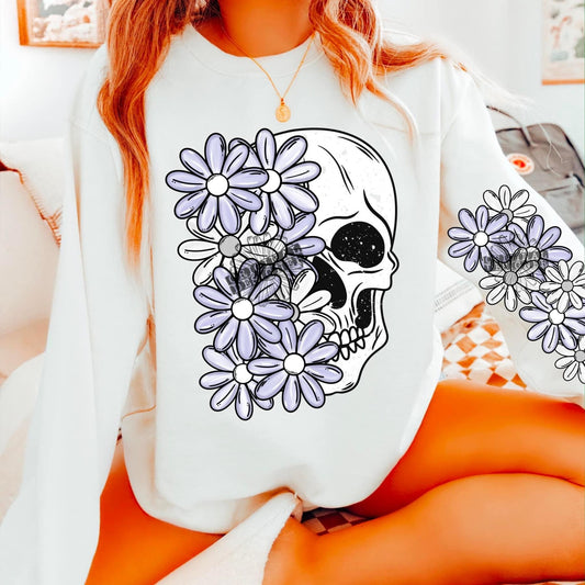 Purple And White Flowered Skull crewneck